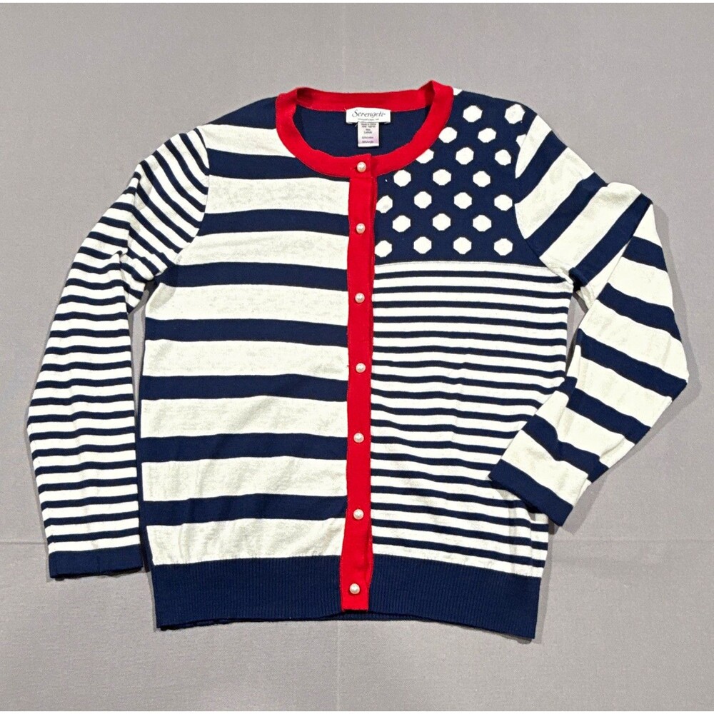 Serengeti Womens L Navy White Red Striped Button-Front Knit Cardigan Sweater